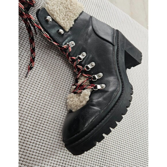 Women's Platform Black Leather Faux Fur Ankle Top Boots Size 11 - Picture 3 of 5